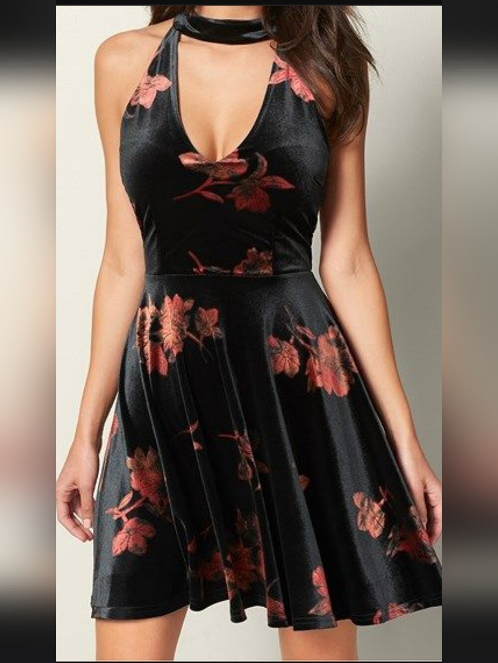 VENUS Black Halter Mini Dress with Rust Floral Print Small